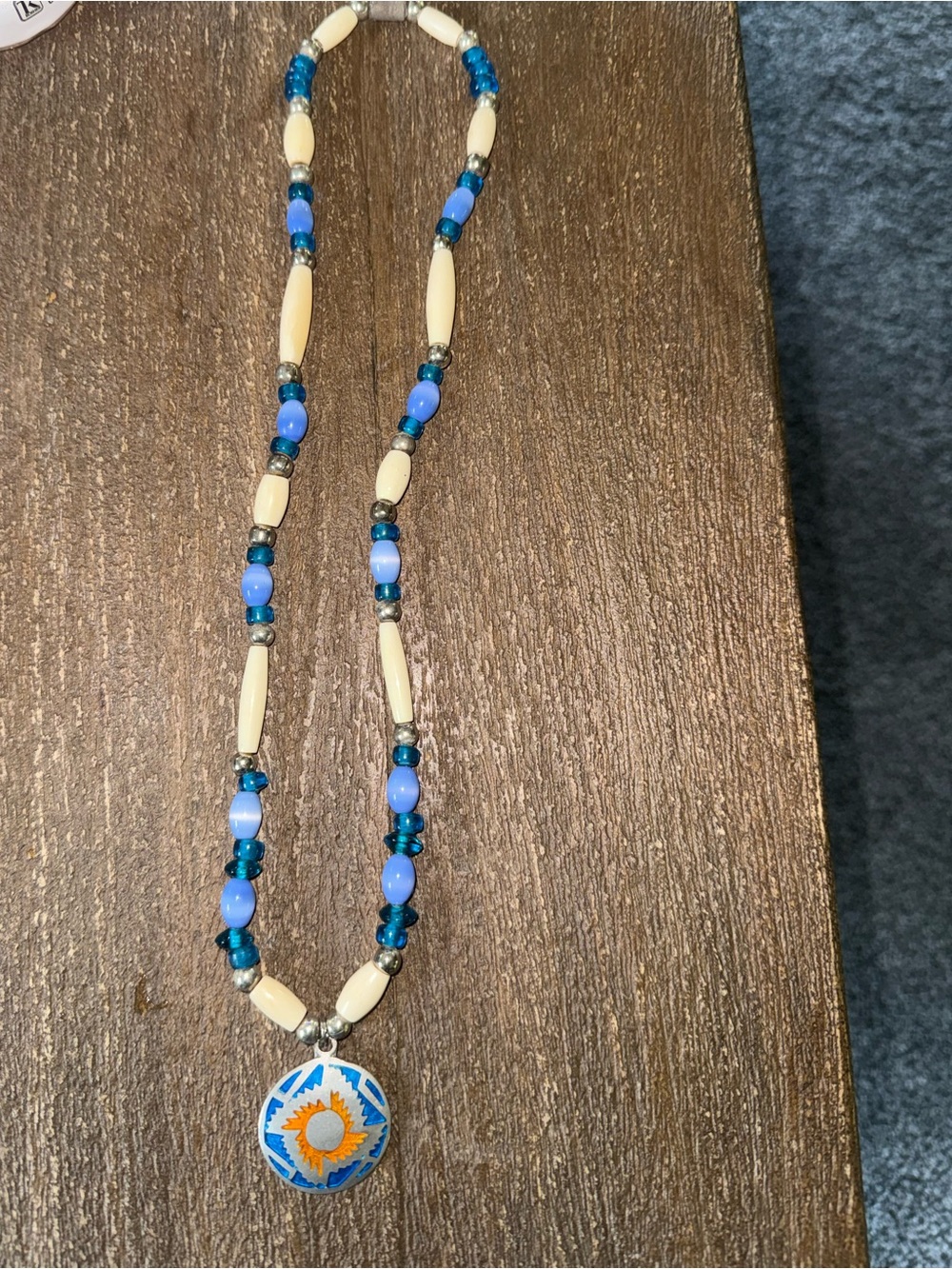 Handmade Blue and Cream Beaded Sun Pendant Necklace